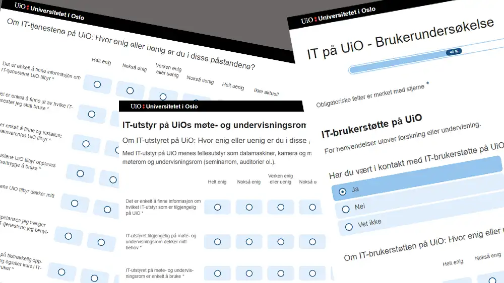 Kollasj av skjermdumper av en brukerunders?kelse p? UiO.