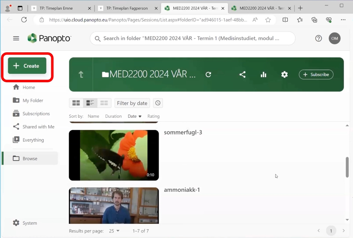 Panopto mappen for emnet med Create knapp