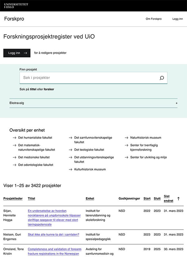 Skjermskudd av forsiden til www.forskpro.uio.no.