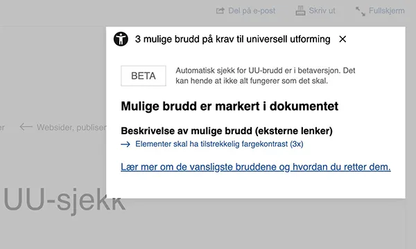 Skjermdump av meldingsboks fra uu-sjekken ved redigering av nettside.